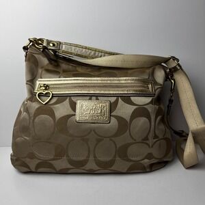 Coach Signature Poppy 2 Way Shoulder Bag Canvas Leather F20064 Tan